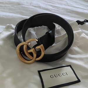 Gucci double G belt, black smooth leather, antique brass hardware - 85